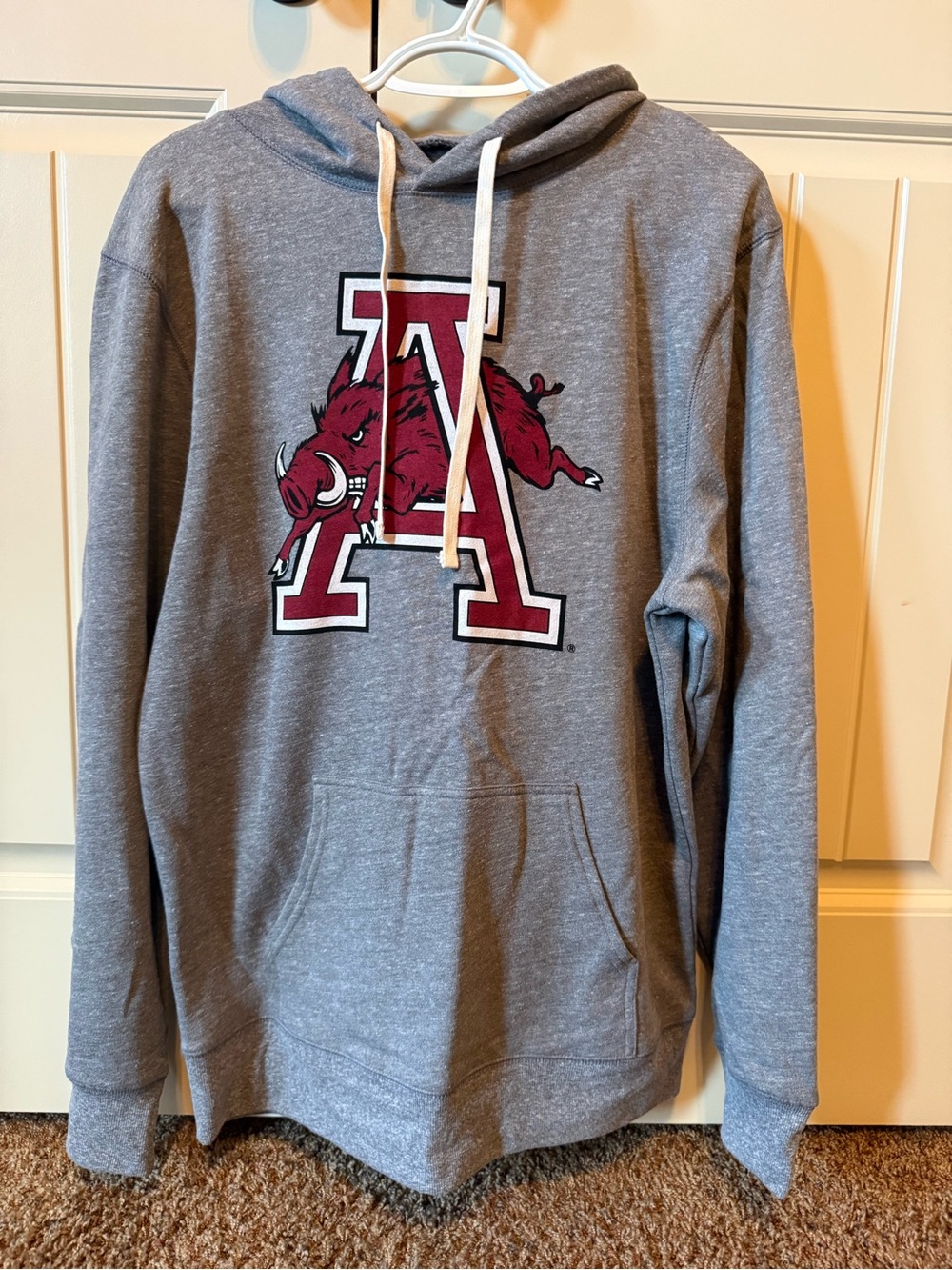 Gray Pullover Hoodie with Maroon Graphic 'A' and Razorback